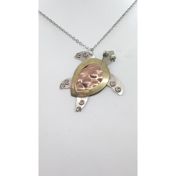Handmade Turtle Pendant Necklace Mixed Metal Brass Copper Silver Bead Eyes - Picture 1 of 12